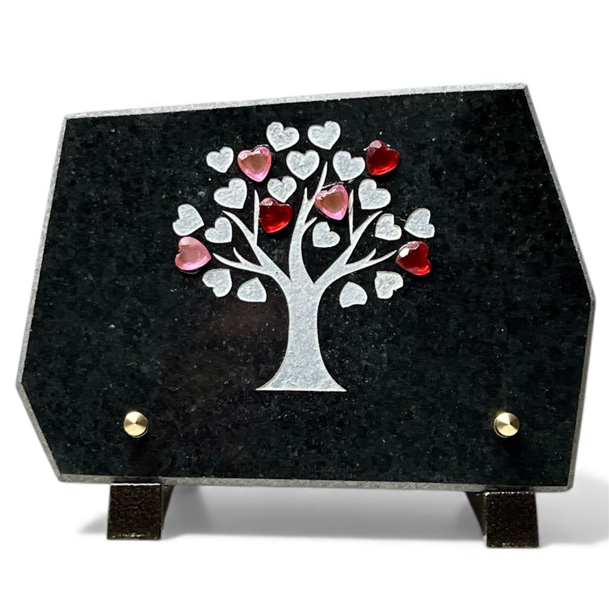 plaque funéraire en granit avec arbre et coeur en strass