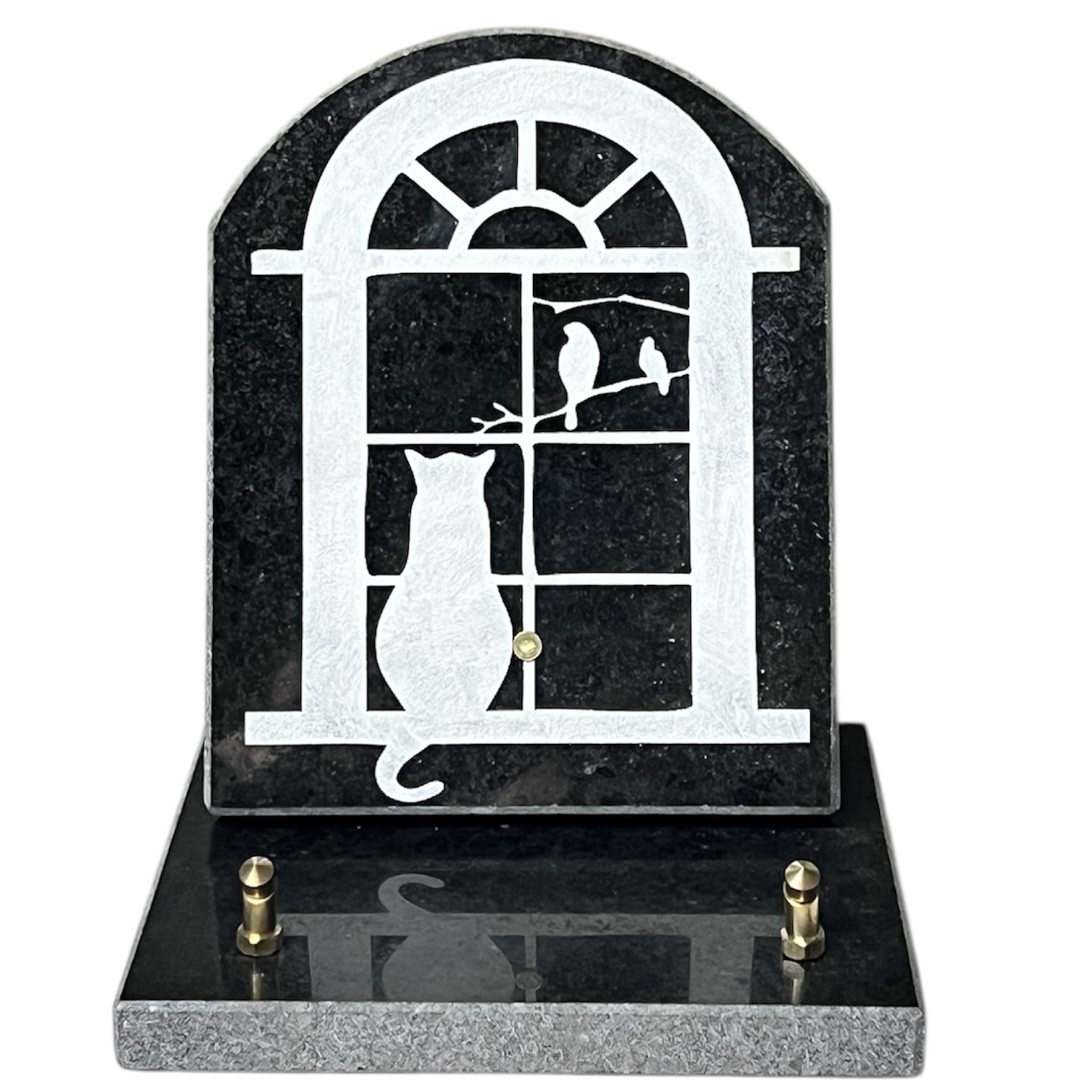 Plaque funéraire découpée avec motif chat à la fenêtre, plaque funéraire en granit